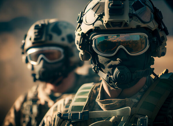 American soldiers in combat zone, ready for action with goggles
